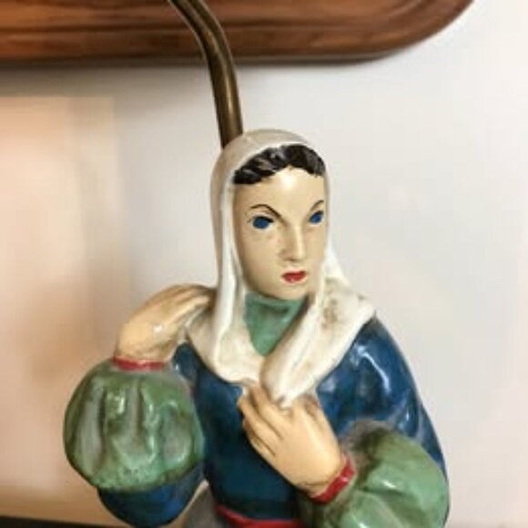 Vintage Antique Chalk Ware Woman Figure Brass Base Table Desk Lamp Works Used - Picture 2 of 8